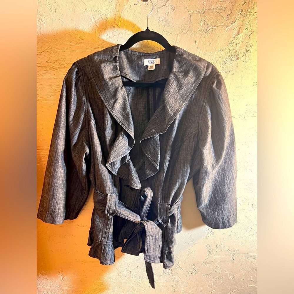 Denim Jacket Plus sz Lightweight Ruffle belted dark grey/ black business casual